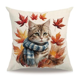 7COLORROOM Fall Autumn Throw Pillow Covers 18x18 Inch Watercolor Cat Maple Leaf Cushion Cases,Farmhouse Seasonal Thanksgiving Harvest Pillowcase 1Pack for Sofa Couch Patio (Red, 18" x 18")
