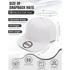 PJPSAA 10 Pack Blank Snapback Hats for Men Hip Hop Style Adjustable Flat Brim Hats Baseball Caps Bulk (White)