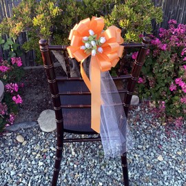 Peach Pull Bows with Tulle Tails and Rosebuds - 8" Wide, Set of 6, Wedding Pew Bows, Reception, Aisle Decoration, Anniversary, School Dance, Birthday, Fundraiser, Party, Easter