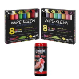 Wipe-Kleen Liquid Chalk Board Window Markers, Non Toxic Dry Erasable Pens for Cafe Menu Signs, Blackboard, Whiteboard & Glass- Bullet or Chisel Reversible Tips NEON &PASTEL Color- Set of 16 w/ Cleaning Wipes