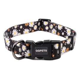 QQPETS Adjustable Soft Dog Collar: Print Flower Pink Multicolor Cute Patterns for XS Small Medium Large Pet Girl Boy Puppy Walking Running Training (S, White Daisy)