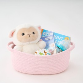 Pink Gift Basket with Wrap Bag & Ribbon – Empty Small Woven Basket (12"x8"x5"), Cute Decorative Storage Organizer for Baby Showers, Pets, Toys, Shelves and More – Pink