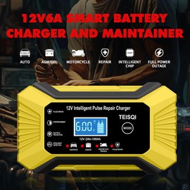 TEISQI Car Mounted 12v 6a Intelligent Battery Charger Detects Battery Voltage, Temperature Compensation, Fully Charged Self Stop, Suitable for Cars, Trucks, Motorcycles, Lawn Mowers, Boats (Yellow)