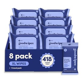 goodwipes Flushable Wipes Bulk Pack, Cedar Adult Wet Wipes for Women & Men, Sewer & Septic Safe, Toilet & Bathroom Essentials, Extra Large, 418 Count (8 Packs and 1 Travel Pack)