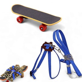 Tortoise Harness and Leash with Toy Skateboard for Turtle set, Funny Tortoise Skateboard and Adjustable Leather Harness Leash, Training Skateboard and Turtle Harness Leash Pet Tortoises Toys (Blue, L)