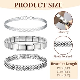 XSDSLS Mens Bracelets 3 Pcs Stainless Steel Silver Cuban Bracelet Italian Charm Bracelets Cuban Mens Bracelets Cuban link Bracelet Men Herringbone Bracelets for Men7.4/8.2/9 inch (3psc 23cm/9inch)