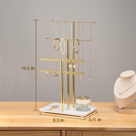 pickpiff Jewelry Stand Organizer Necklace Holder- 14.5" Sturdy Earring and Bracelet Display Hanger, Luxurious Gold, Aesthetic Room Decor