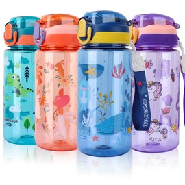 SUPPRUI Children's Drinking Bottle, 600 ml Children's Drinking Bottle with Straw, BPA-Free Children's Water Bottles, Sports Water Bottle with Leak-Proof Flip-Top Lid for Girls and Boys (Blue Whale)