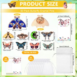 Siifert 50 Sets Butterfly Enamel Pins Bulk Butterfly Pins for Backpacks for Women Moth Decor Gifts for Girls Colorful Butterfly Lapel Pins Brooches with Butterfly Cards and Organza Gifts Bags