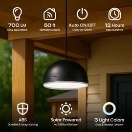 LEONLITE 3CCT Solar Powered Pendant Light, 50%/100% Dimmable, Auto Dusk to Dawn, Solar Hanging Lights with Remote Control, 3000K/4000K/6500K Selectable, IP65, Black, Pack of 2