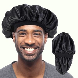 Double Layer Satin Hair Bonnet for Men & Women - Reversible Night Cap for Curly Hair - Black Satin Bonnet for Ultimate Hair Protection & Style - Ideal for Sleeping & Everyday Wear - Unisex Hair Bonnet for Men and Women - Color: Black Black