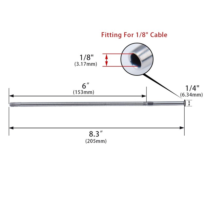 Muzata 8" Hand Swage Fitting Threaded Stud for 1/8" Cable