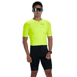 Zoot Men’s Core Tri Aero FZ Racesuit, Short Sleeve Moisture-Wicking Triathlon Suit, Plush Chamois & Storage for Race Day - Hyper Yellow - X-Large