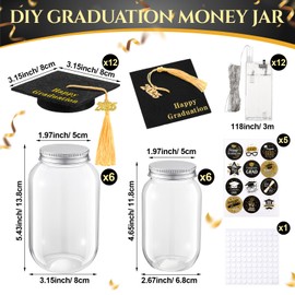 12 Sets Class of 2025 Graduation Table Decor Set with LED Light up Graduation Plastic Round Jars Table Centerpieces Felt Grad Hats and Stickers for High School and College Party Supplies(Black Gold)