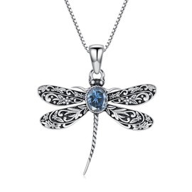 QKABTI Vintage Dragonfly Pendant Necklace for Women 925 Sterling Silver Oval Shaped Aquamarine Cute Dragonfly Necklaces Birthstone Jewelry Birthday Gifts for Her