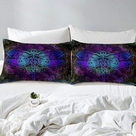 Bohemian Dragonfly Comforter Cover Single Size Mandala Paisley Bedding Set Purple Dragonfly Duvet Cover Tie Dye Trippy Gypsy Iridescent Chic Hippie Quilt Cover Decor 2 Pcs