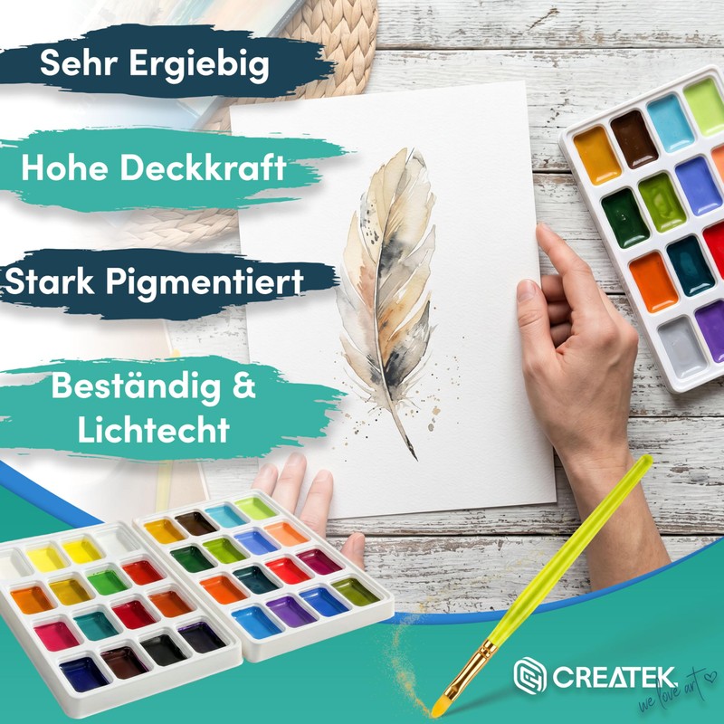 CreaTek Watercolour Paint Set 32 Highly Pigmented Watercolours Including Watercolour