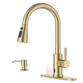 DAYONE Gold Touchless Kitchen Faucet with Soap Dispenser 3-Mode, Brushed Gold Motion Sensor Hands-Free Automatic Sink Faucet with Pull Down, Stainless Steel Single Handle Smart Faucets for Kitchen