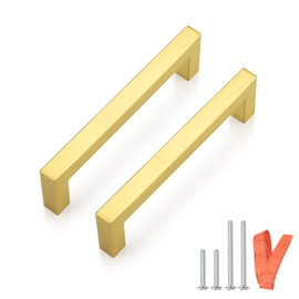 5 Pack Probrico Square Gold Kitchen Cabinet Pulls 5 Inch Stainless Steel Brushed Brass Cabinet Handles Square Corner Bar Polished Gold Dresser Drawer Pull Handles Total Length 5.5 Inch