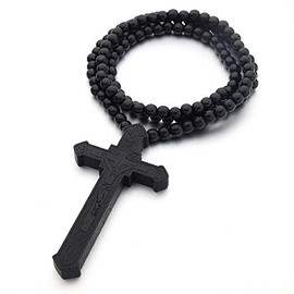 Caiyao Hip-Hop Natural Wood Cross Pendant 8MM Wooden Bead Chain Rosary Necklaces for Men Women-Black