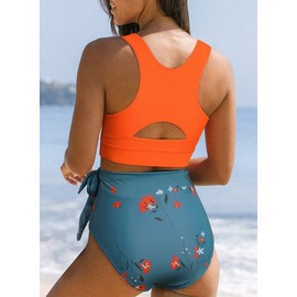 Dokotoo Womens 2 Piece Swimsuit Scoop Neck Sleeveless Racerback 2025 Tummy Control High Waisted Tie Knot Flattering Bathing Suits Long Lined Floral Bikini Orange Small