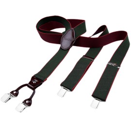 DonDon Men's Braces 3.5 cm Wide 4 Clips with Brown Leather Y-Shape Elastic and Adjustable Length - dark green