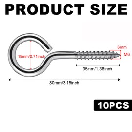 10Pcs M6 x 80 Eyelet Screws Vine Eye Bolts Eye Screws Hooks Metal Screw-in Hook Heavy Duty 304 Stainless Steel Self Tapping Ring Screw Nails