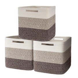 AELS Hand Woven Cotton Baskets for Storage, Cube Storage Bins with Handles, Foldable Collapsible Closet Organizers and Storage, Boho Farmhouse Storage Cubes for Shelves, Beige Mixed Khaki Coffee Brown