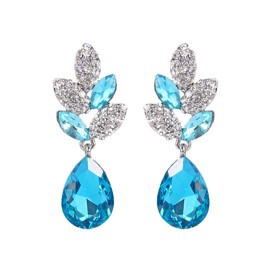 EVER FAITH Rhinestone Crystal Wedding Leaf Teardrop Pierced Dangle Earrings Light Blue Silver-Tone