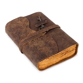 TRISKY Leather Journal for Men 5x7 Notebook – Leather Notebook Journal for Men Women, Scrapbook for Writing, Book Of Shadows With Key Lock, 200 Handmade Deckled Edge Paper (7x5)