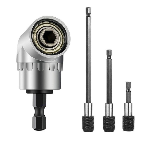 1/4 Inch Hex Shank 105 Degree Right Angle Driver Extension Power Screwdriver Drill Attachment Socket Adapter Bit + 3pcs Quick Release Magnetic Screwdriver Nut Drill Bit Holder Extension Kit Set