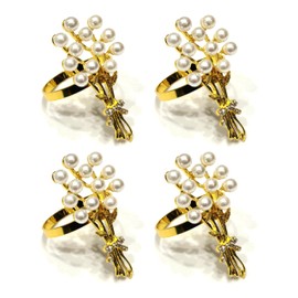 Climple Napkin Rings Set of 4 - Pearl Bouquet Napkin Rings Gold Holder Buckles for Saint Valentine's Day, Mother's Day, Banquet, Wedding Party, Feast, Holiday, Thanksgiving Table Decorations