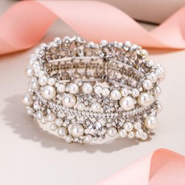Ever Faith Bridal Silver-Tone Flower Simulated Pearl Stretch Bracelet Clear Austrian Crystal N01352-1
