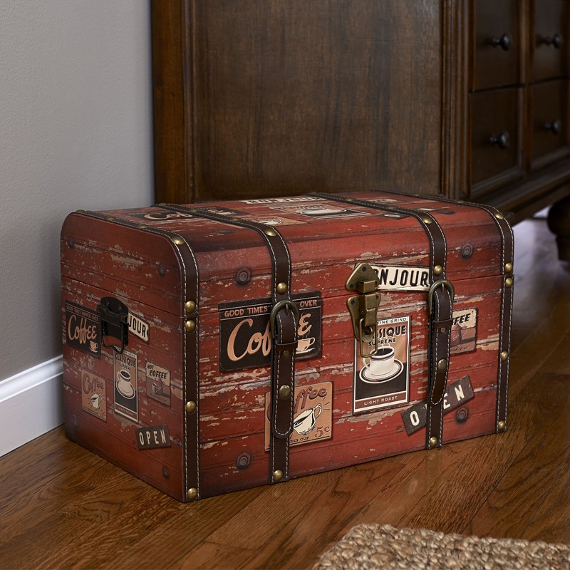 Household Essentials Medium Decorative Trunk, Coffee Shop Faux Decoupage, Antique