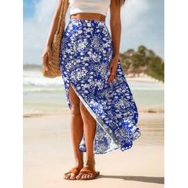 CUPSHE Women's Skirt Floral Print Maxi Skirt High Waist Side Slit A-line Summer Elegant Beach Skirt with Zip, blue, L