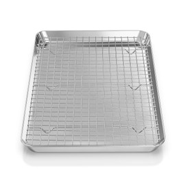 Fire More Jelly Roll Pan with Cooling Rack Set [ Baking Pan + Baking Rack], Stainless Steel Baking Sheet Tray with Wire Rack, Commercial Quality, Rust Proof & Nonstick, Size 15.94 x 12 x 1 Inch