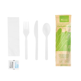 Restaurantware Plastic Cutlery Set 500 Count 6.25 Inch Individually Wrapped Cutlery Pack Disposable, Spoon Fork Knife Set Individually Wrapped Utensils White Plastic Dining Kit For Catering