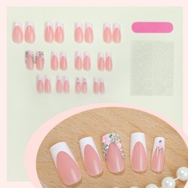 Hkanlre French Pink Press on Nails Medium Fake Nails Tips Full Cover Square Flower False Nails for Women 24PCS