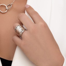 JEAN RACHEL JEWELRY 925 Sterling Silver Ring - Wide with Hammered Finish Vintage Design - Hypoallergenic, Lead & Nickel Free Jewelry - Artisan Handcrafted Statement Rings for Women