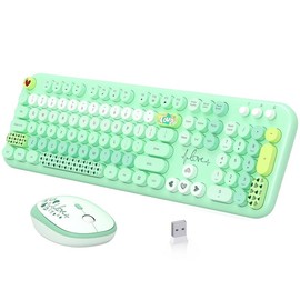 Wireless Keyboard and Mouse,MOFII Full-Size Cute Colorful Keyboard and Mouse Retro Typewriter Ergonomic Keyboard soft  keyboard computer keyboard:_Green
