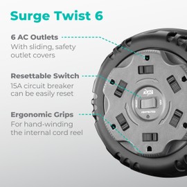 KMC 6-Outlet Surge Twist Cord Reel Retractable Power Strip Surge Protector, 1085J Surge Protection, 8ft 14/3 Retractable Extension Cord, 3-Prong Low-Profile Flat Plug, UL/ETL Certified, Gray