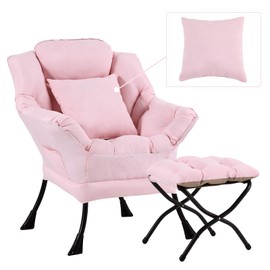 YOTATING Lazy Chair with Ottoman, Comfy Reading Lounge Chair with Footstool & Throw Pillow Modern with Armrests & Side Pocket for Living Room, Bedroom, Dorm Room, Pink