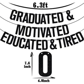 Black Glitter Graduated & Motivated Educated & Tired Banner, Class of 2025/Congarts Grad, 2025 Graduation Party Decorations Supplies