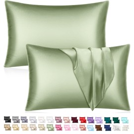Mulberry Satin Silk Pillowcase for Hair and Skin - Soft Breathable Smooth Both Sided Silk Pillow Cover Pair - Standard Size 50x75cm (Sage Green, Standard)