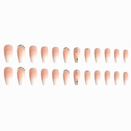 Milk White Gradient Press on Nails Medium Artifical Acrylic Nails Charm Rhinestones Design French Square Fake Nails Full Cover Reusable Coffin Shaped Glossy False Nails Glue on Nails for Women 24Pcs