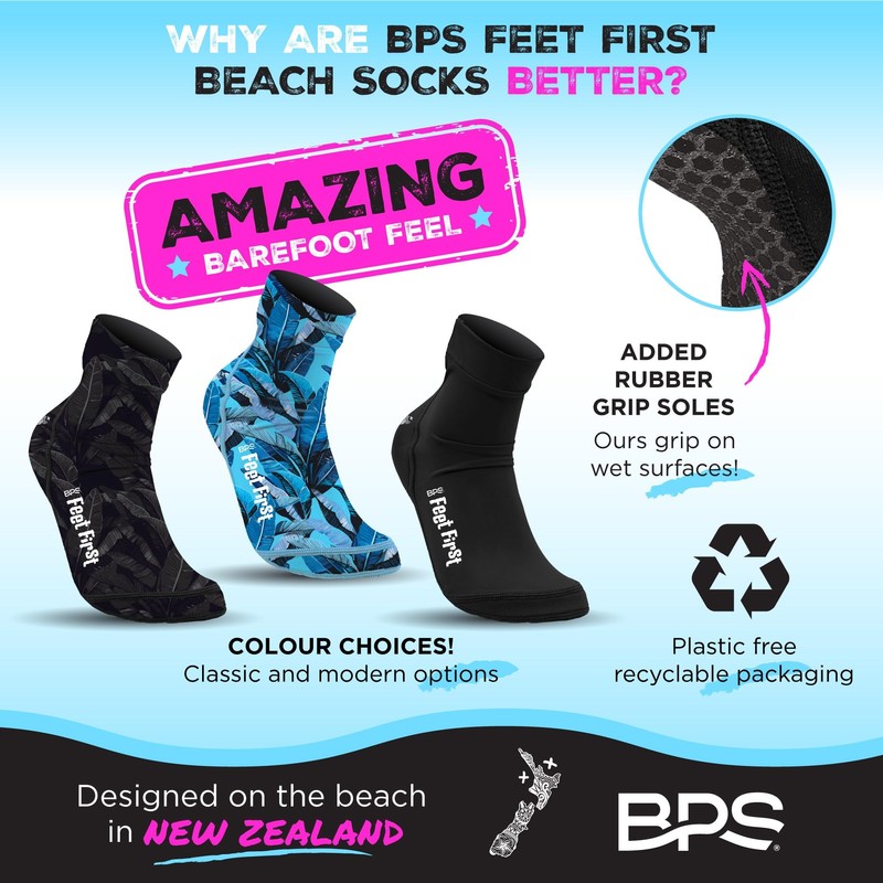 BPS 'Feet First' Water Socks (Black with Rubber Grip Soles,