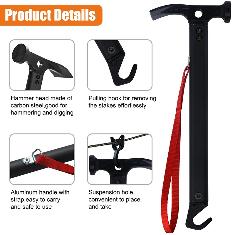 Eurmax USA Hiking Camping Tent Stakes and Hammer Set Lightweight