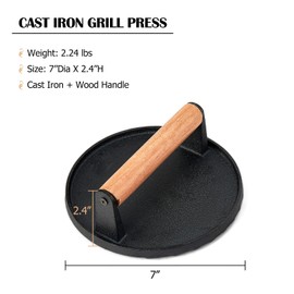 Joyfair 7 inch Burger Grill Press, Cast Iron Smash Grilling Press for Patty Bacon Steak Sausage, Heavyweight Teppanyaki Fflat Top Griddle Barbecue Accessories, Extra Thick Iron & Wooden Handle (Round)