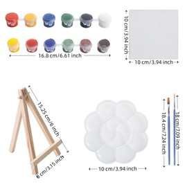 AILOVE 12-Pc Acrylic Paint Art Kit: 4x4 Inch Mini Stretched Canvases with Easels, Paint Strips, Brushes, Palette | Art Supplies for Kids, Adults, Classroom, Birthday Party Favors