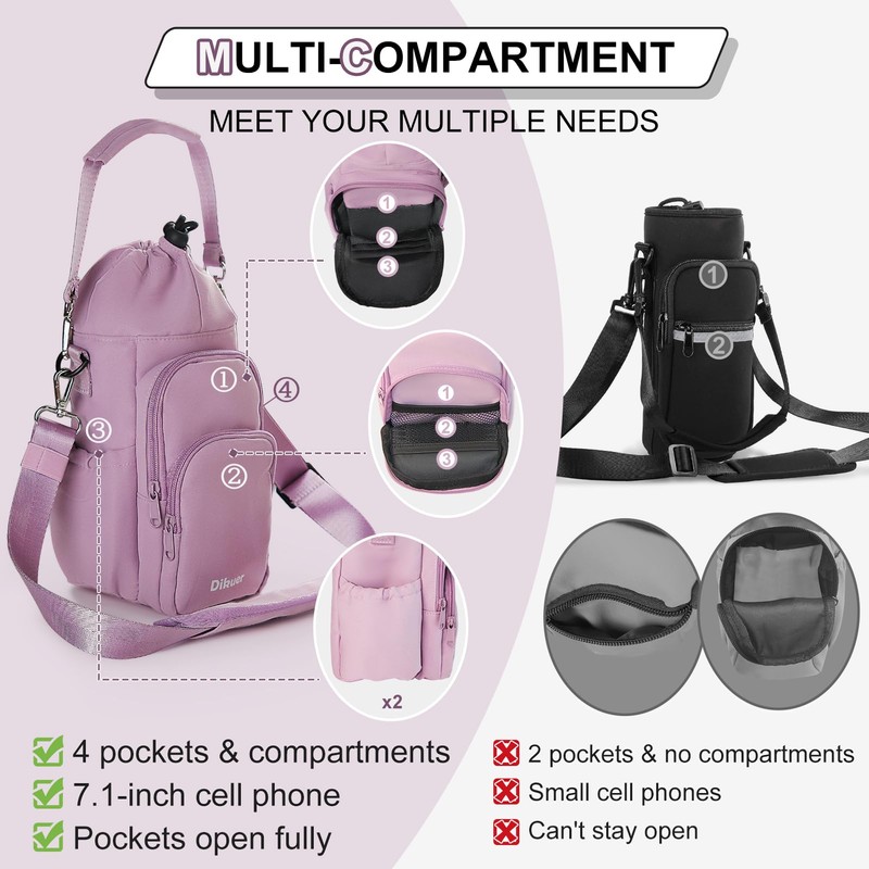 Water Bottle Holder with Strap, 4 Big Pockets with Compartment,